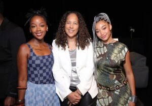 Director Gina Prince-Bythewood flanked by lead actresses Thuso Mbedu and Amandla Stenberg at a promotional event for Paramount Pictures
