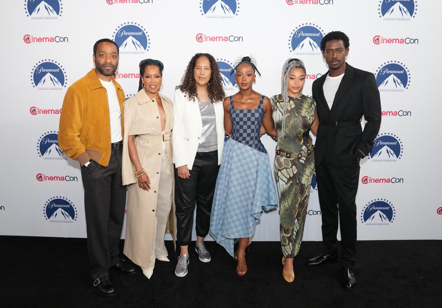 Chiwetel Ejiofor, Regina King, director Gina Prince-Bythewood, Thuso Mbedu, Amandla Stenberg, and Damson Idris at the Paramount Pictures CinemaCon presentation for Children of Blood and Bone.