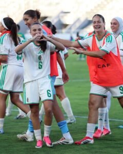 Nigeria Super Falcons players Asisat Oshoala, Ifeoma Onumonu, Deborah Abiodun, Ashleigh Plumptre, Toni Payne, and Jennifer Echegini displaying gold winner medals after defeating Morocco in the 2024 WAFCON final.