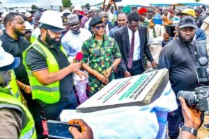 Governor Bago (with microphone) said the facility will rank among the best NYSC camps when completed.