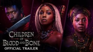 Official trailer graphic for Children of Blood and Bone featuring Damson Idris, Thuso Mbedu as Zélie, and Viola Davis as Mama Agba.