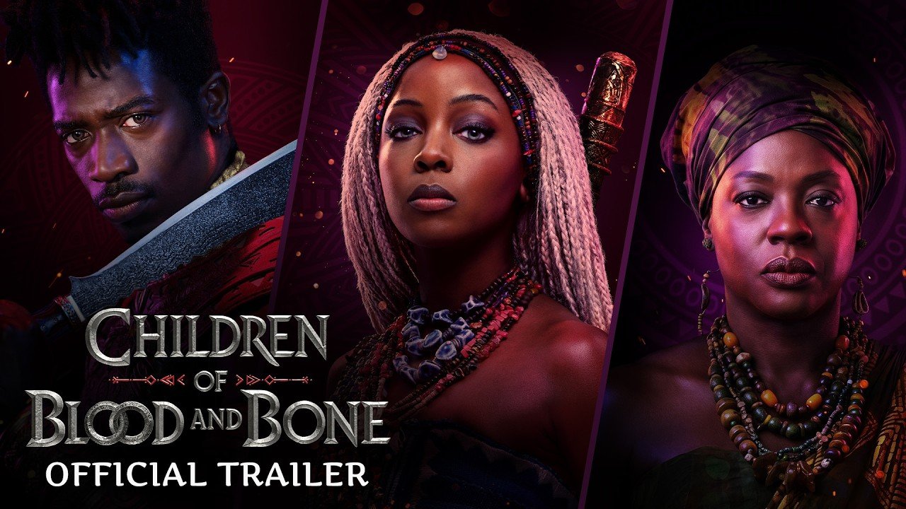 Official trailer graphic for Children of Blood and Bone featuring Damson Idris, Thuso Mbedu as Zélie, and Viola Davis as Mama Agba.