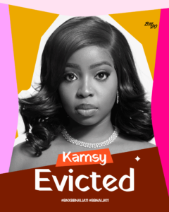 Black and white portrait of evicted BBNaija Season 11 housemate Kamsy on a colourful graphic background with text reading