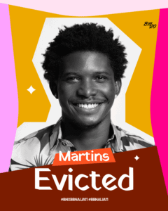 Black and white portrait of Martins smiling with graphic overlay reading