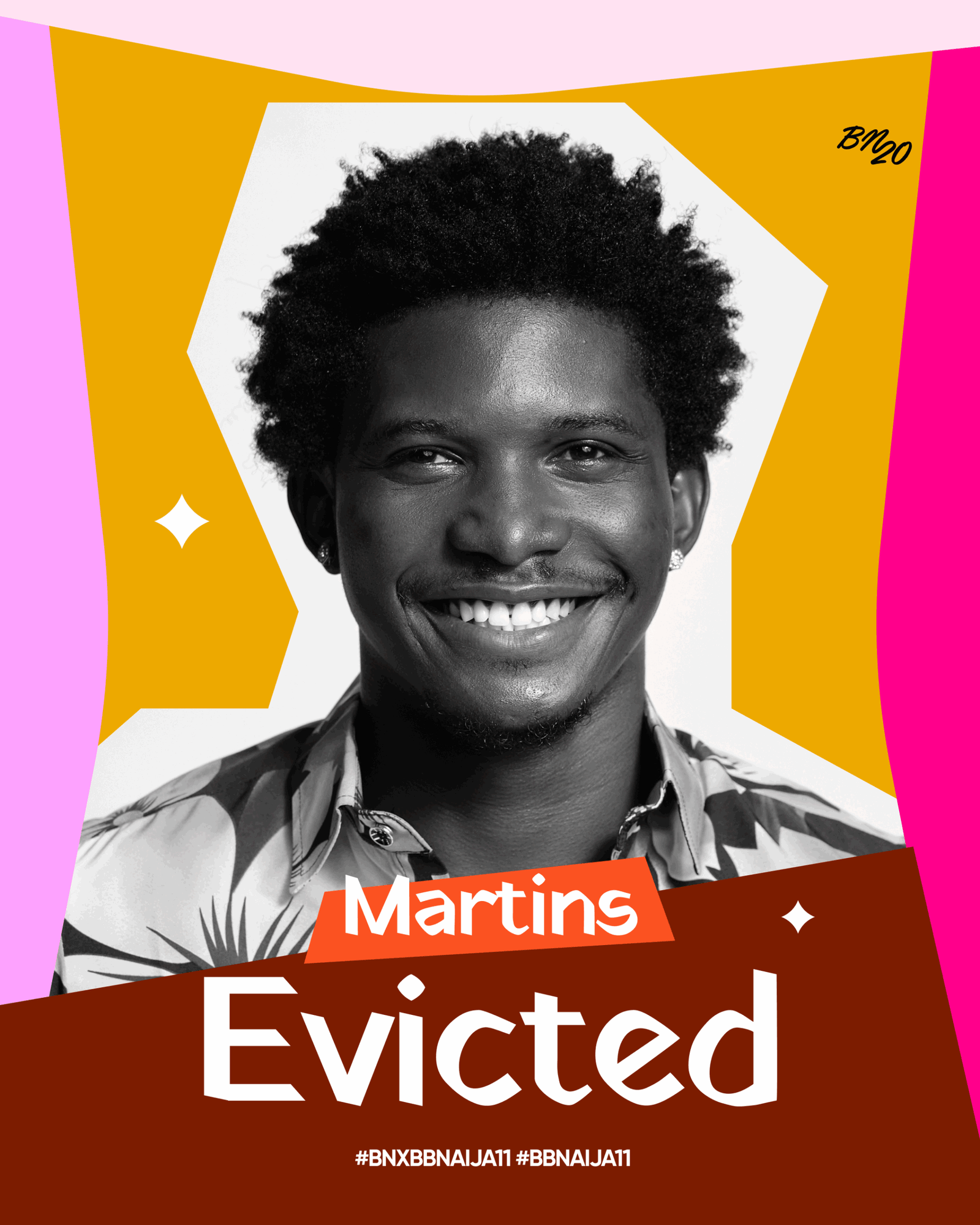 Black and white portrait of Martins smiling with graphic overlay reading "Martins Evicted" for Big Brother Naija Season 11.