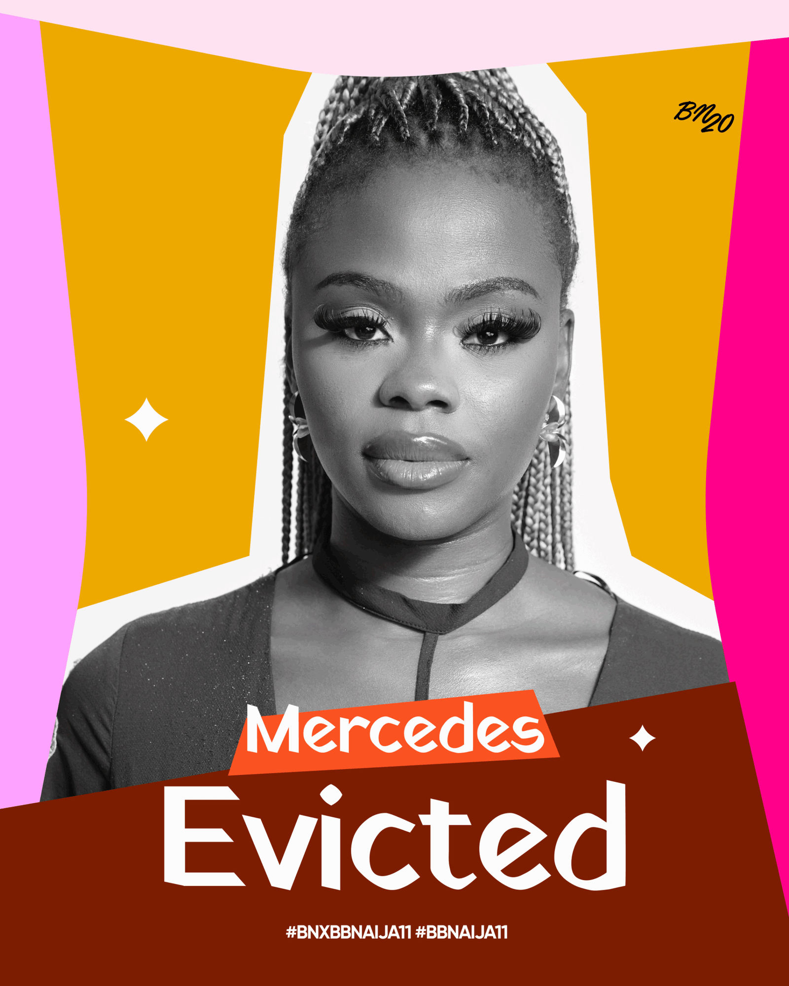 Black and white portrait graphic of Mercedes with red banner text reading "Mercedes Evicted" for Big Brother Naija Season 11.