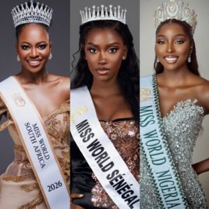 Romanda Hombir (Miss World South Africa 2026), Fatoumata Diop (Miss World Senegal 2026), and Tamunosoye Karibi-George (Miss World Nigeria 2026) in official crowns and sashes.