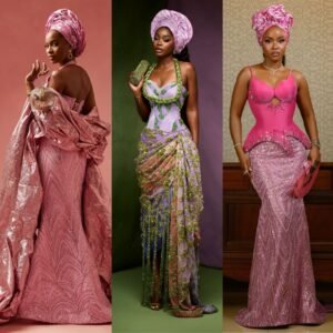 Fashion collage featuring Jemima Osunde in a rose cape gown, Dede Ashiogwu in a lilac-green fringe dress, and Bella Okagbue in a hot-pink basque corset at Akin Faminu traditional wedding.