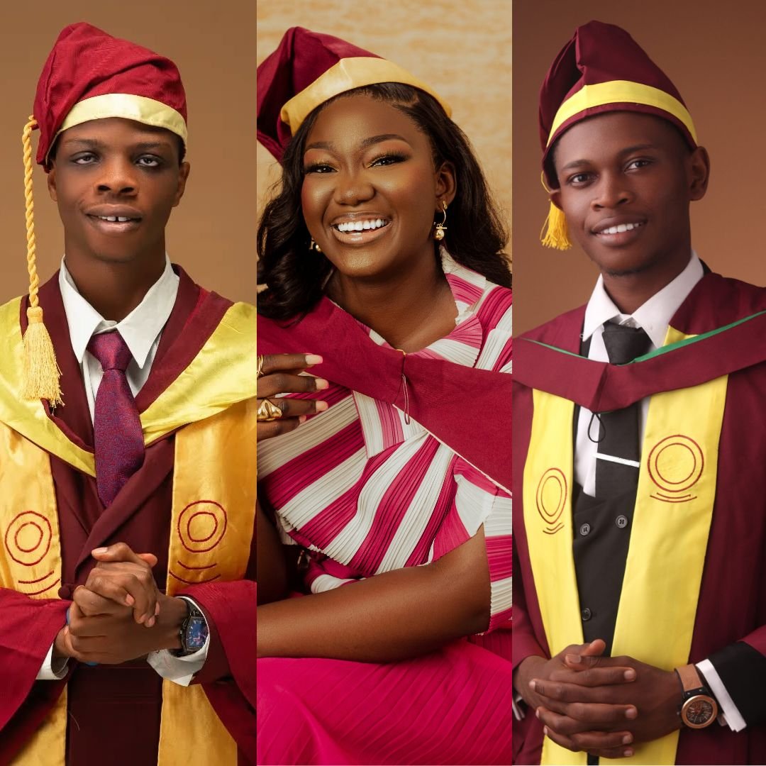 University of Lagos graduates Samuel Badekale, Similoluwa Scott, and Benedict Umeozor in their graduation caps and attire.
