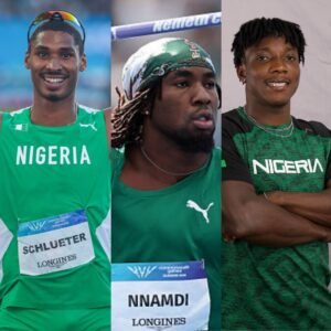 Nigerian national athletics record holders Jami Schlueter, Chinecherem Nnamdi, and Kanyinsola Ajayi in official national team kits.