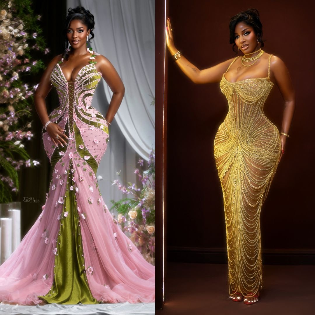 Hilda Baci in a floral corseted mermaid gown and a gold metallic chainmail dress for her 31st birthday.