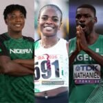 Nigerian track and field athletes Kayinsola Ajayi, Tobi Amusan, and Ezekiel Nathaniel wearing Team Nigeria athletics kits.