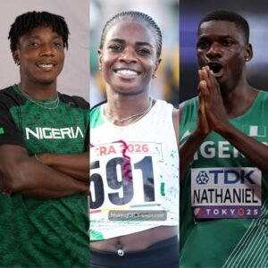 Nigerian track and field athletes Kayinsola Ajayi, Tobi Amusan, and Ezekiel Nathaniel wearing Team Nigeria athletics kits.