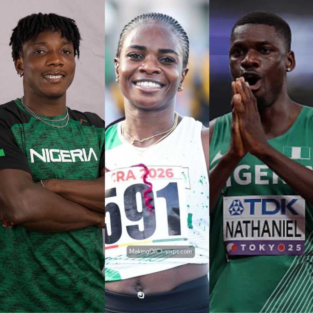 Nigerian track and field athletes Kayinsola Ajayi, Tobi Amusan, and Ezekiel Nathaniel wearing Team Nigeria athletics kits.
