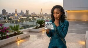 A concerned Nigerian woman on a Lagos rooftop checks an Uber