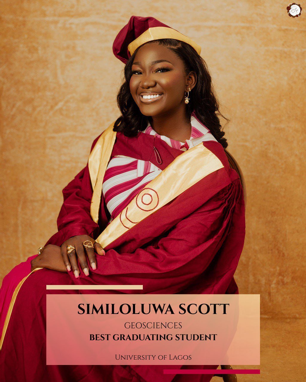 Similoluwa Scott, sole First Class graduate from the Department of Geosciences at the University of Lagos, smiling in her graduation attire.