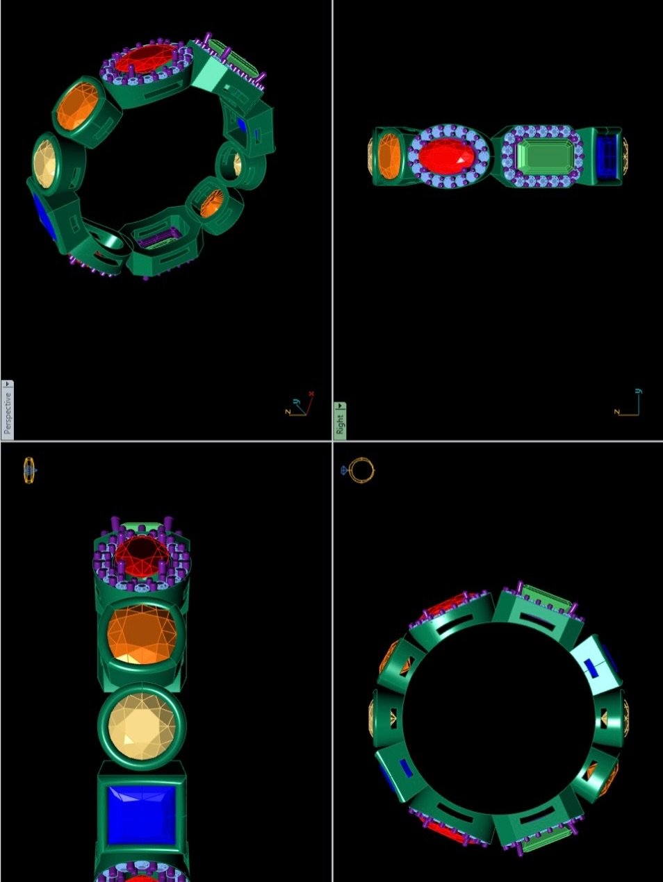 3D CAD design blueprint of Bozoma Saint John’s multi-gemstone Ghanaian wedding ring featuring alternating red ruby, orange sapphire, yellow diamond, blue sapphire, and green emerald cuts.