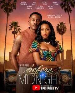 Movie poster for Before Midnight showing Timini Egbuson and Efe Irele against a sunset skyline with palm trees.