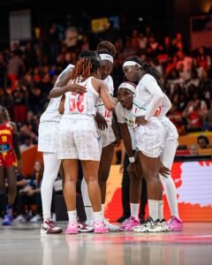 Sika Koné and Djeneba N’Diaye celebrating on court during Mali’s victory over Spain at the FIBA World Cup 2026.