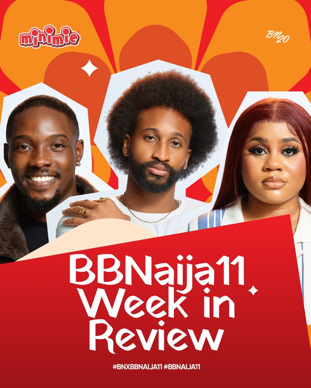 BBNaija Season 11 Week 8 recap graphic sponsored by Minimie.