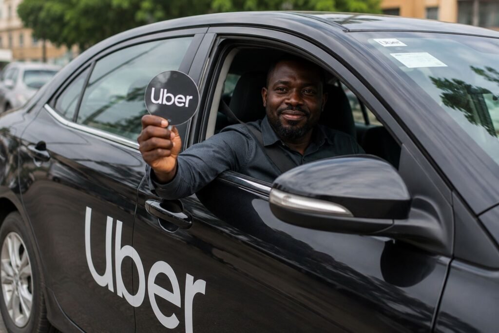 An Uber driver holding an Uber logo sign from inside a black vehicle in Nigeria