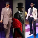 Shawn Faqua in a pinstripe suit, Larry Hector in a tailcoat with red boa, and Yemi Cregx in a blush jacquard jacket at BellaNaija red carpet.