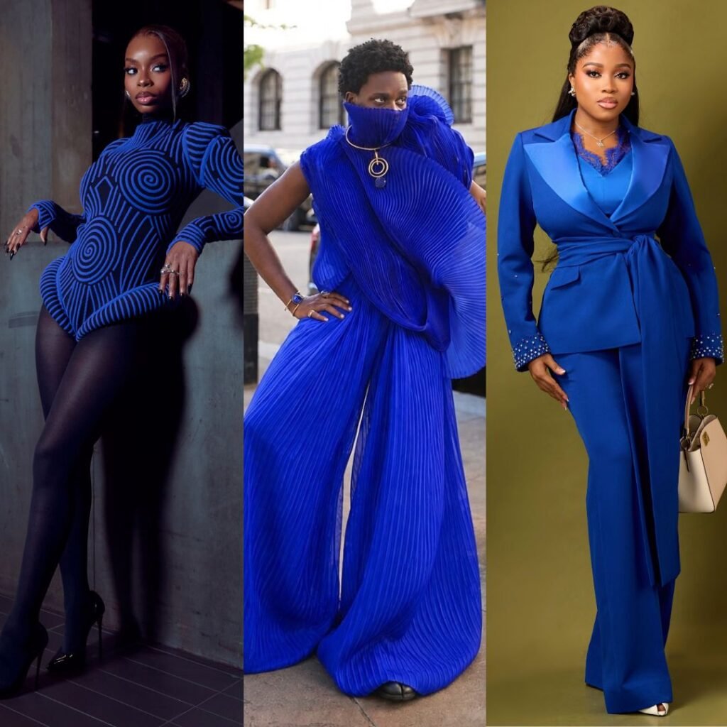 Olandria, Tobe, and Veekee James styled in electric blue fashion looks for fashion week and corporate events