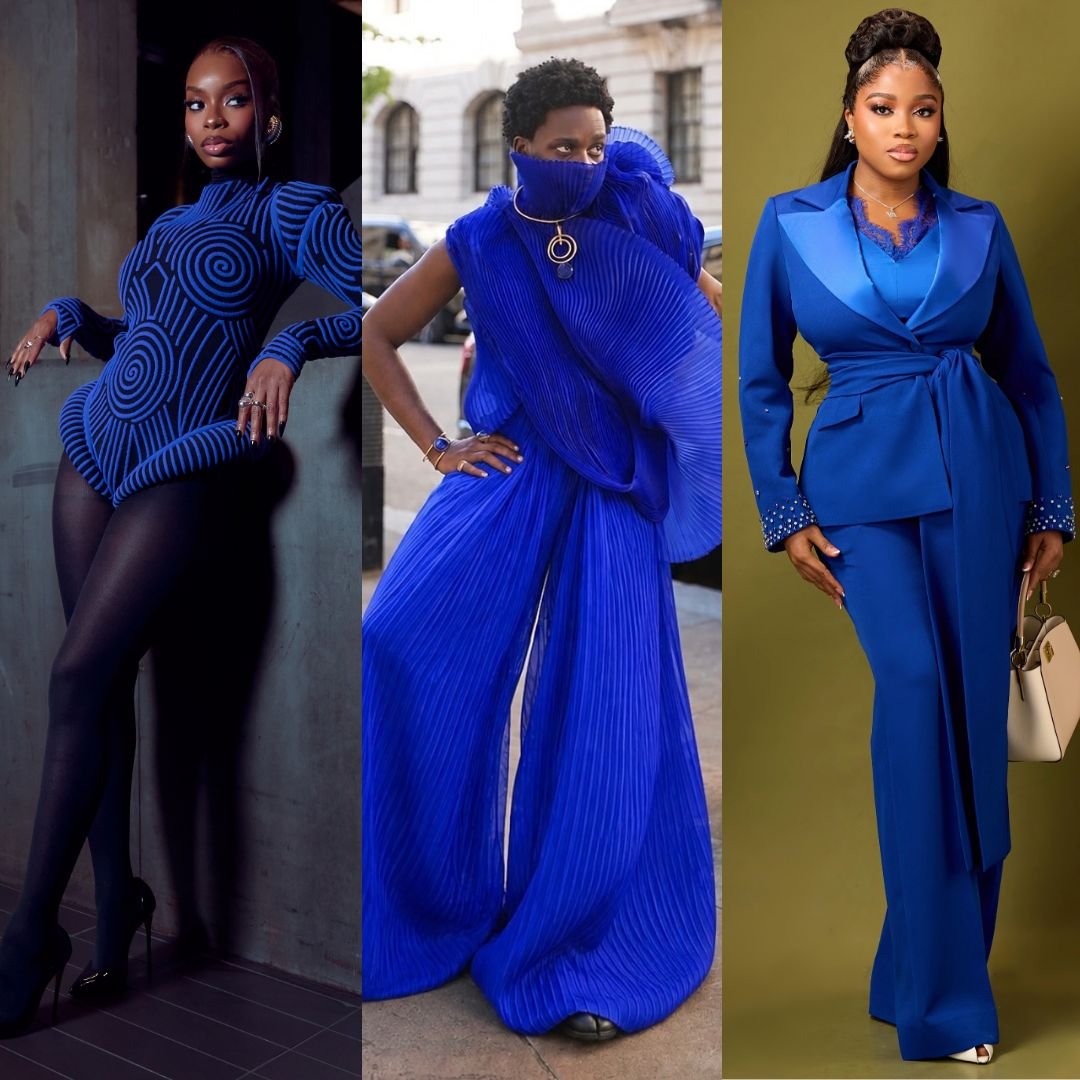 Olandria, Tobe, and Veekee James styled in electric blue fashion looks for fashion week and corporate events