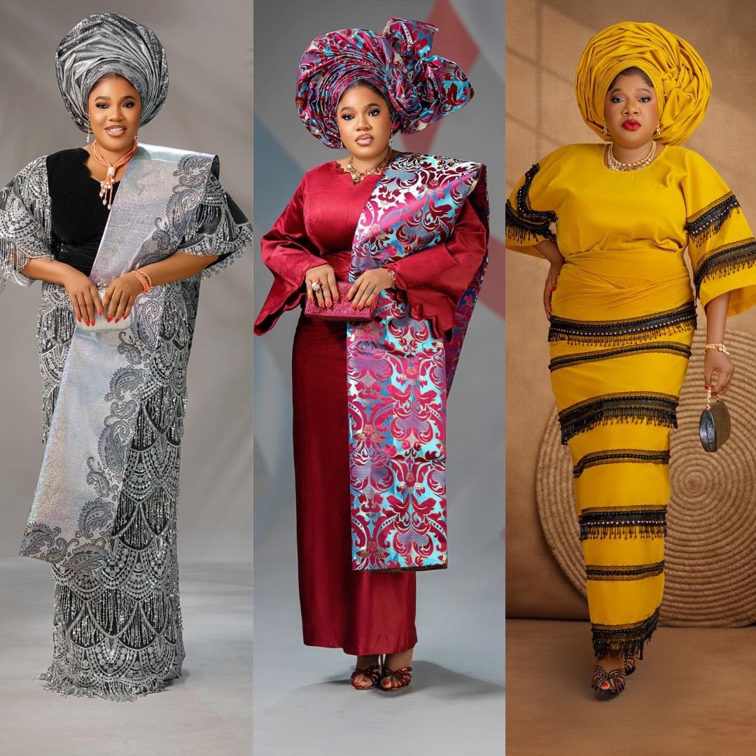 Toyin Abraham Ajeyemi wearing silver and black aso-oke, crimson velvet with damask, and mustard yellow fringe outfits.