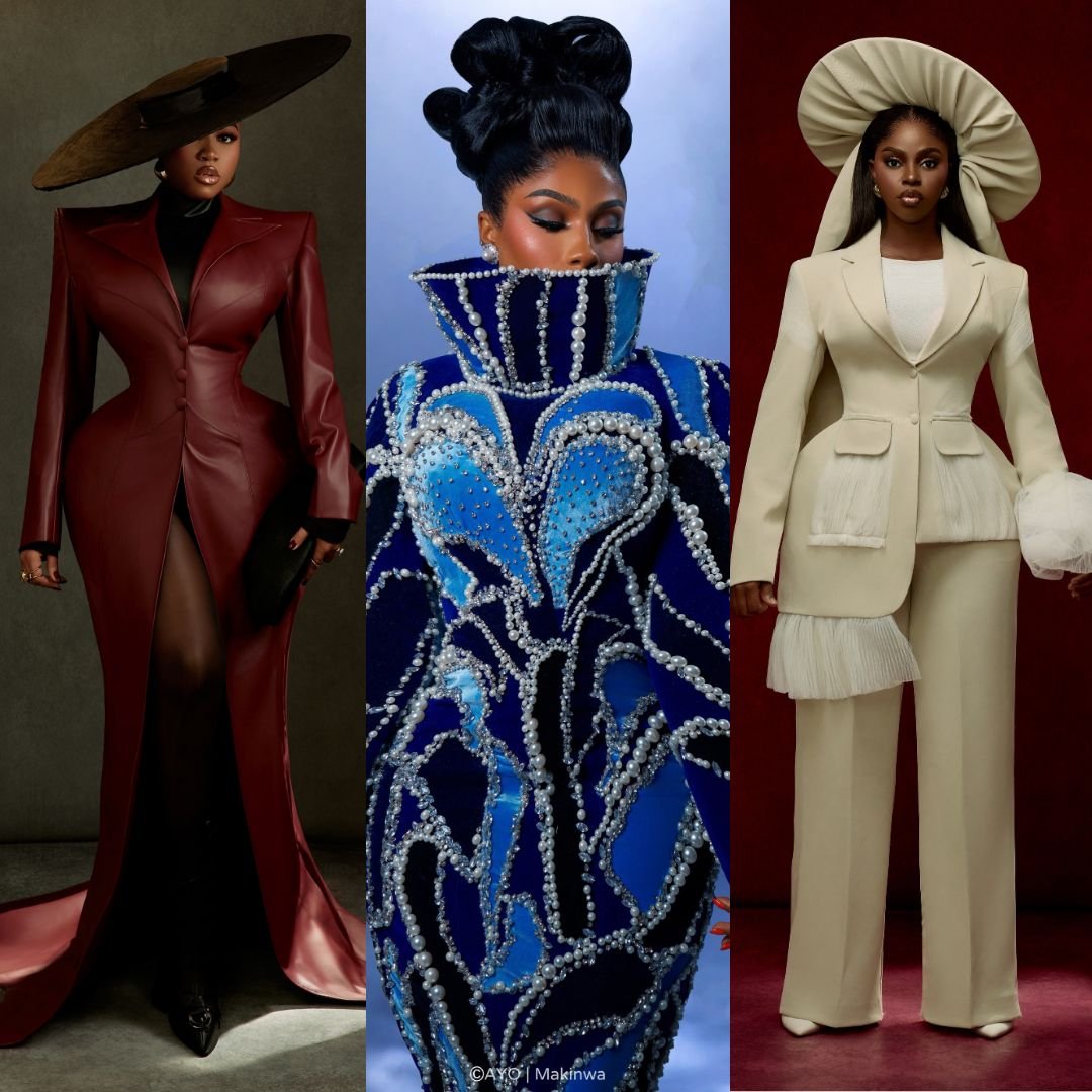 Veekee James in oxblood leather coat gown, Mercy Eke in blue pearl velvet dress, and Prudent Gabriel in cream asymmetric suit at BellaNaija 20th Anniversary Grand Red Carpet Experience.