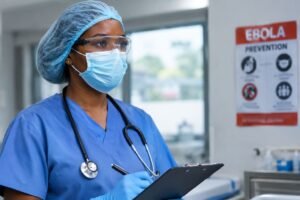 Medical worker in protective scrub cap, safety goggles, face mask, and gloves holding a clipboard near an Ebola prevention poster.