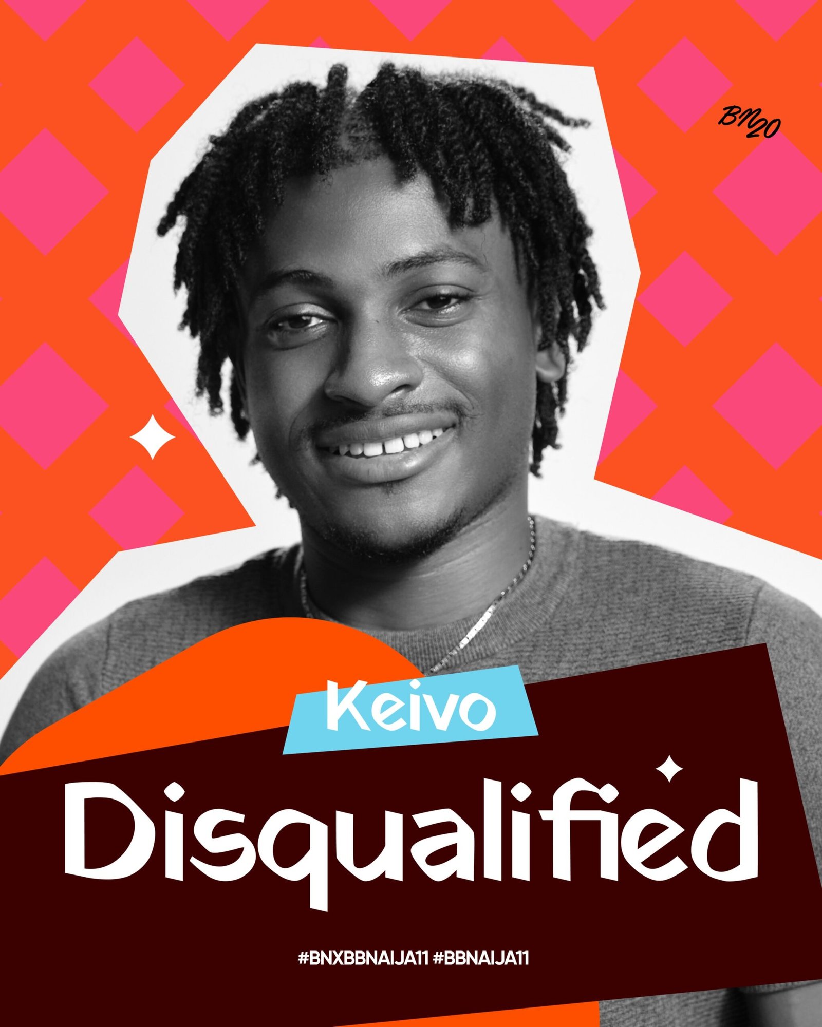 Big Brother Naija Season 11 housemate Keivo smiling in a monochrome photo overlay