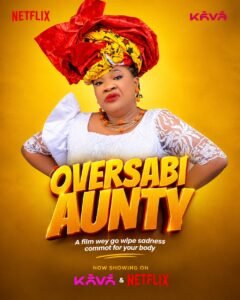 Toyin Abraham wearing a white lace dress and red textured gele in the official promotional poster for Oversabi Aunty streaming on Netflix and Kava