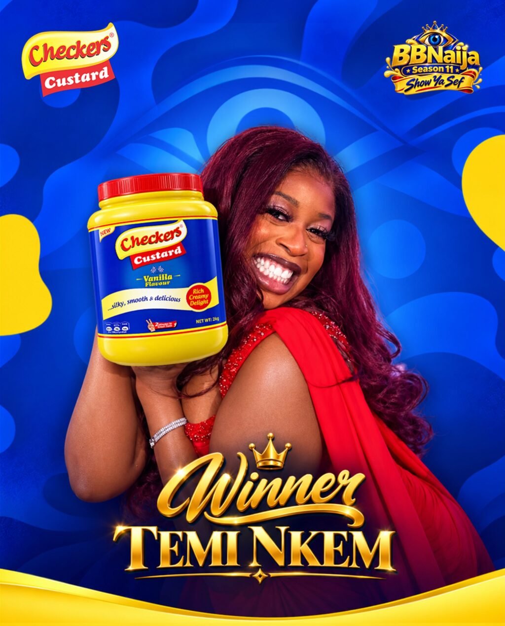 BBNaija Season 11 winner Temi Nkem holding a 2kg jar of Checkers Custard Vanilla Flavour against a blue background.