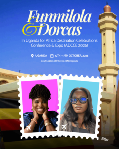 BellaNaija ADCCE 2026 travel announcement graphic featuring Funmilola Sanya and Dorcas Anya against the Uganda National Mosque in Kampala and the Ugandan flag.