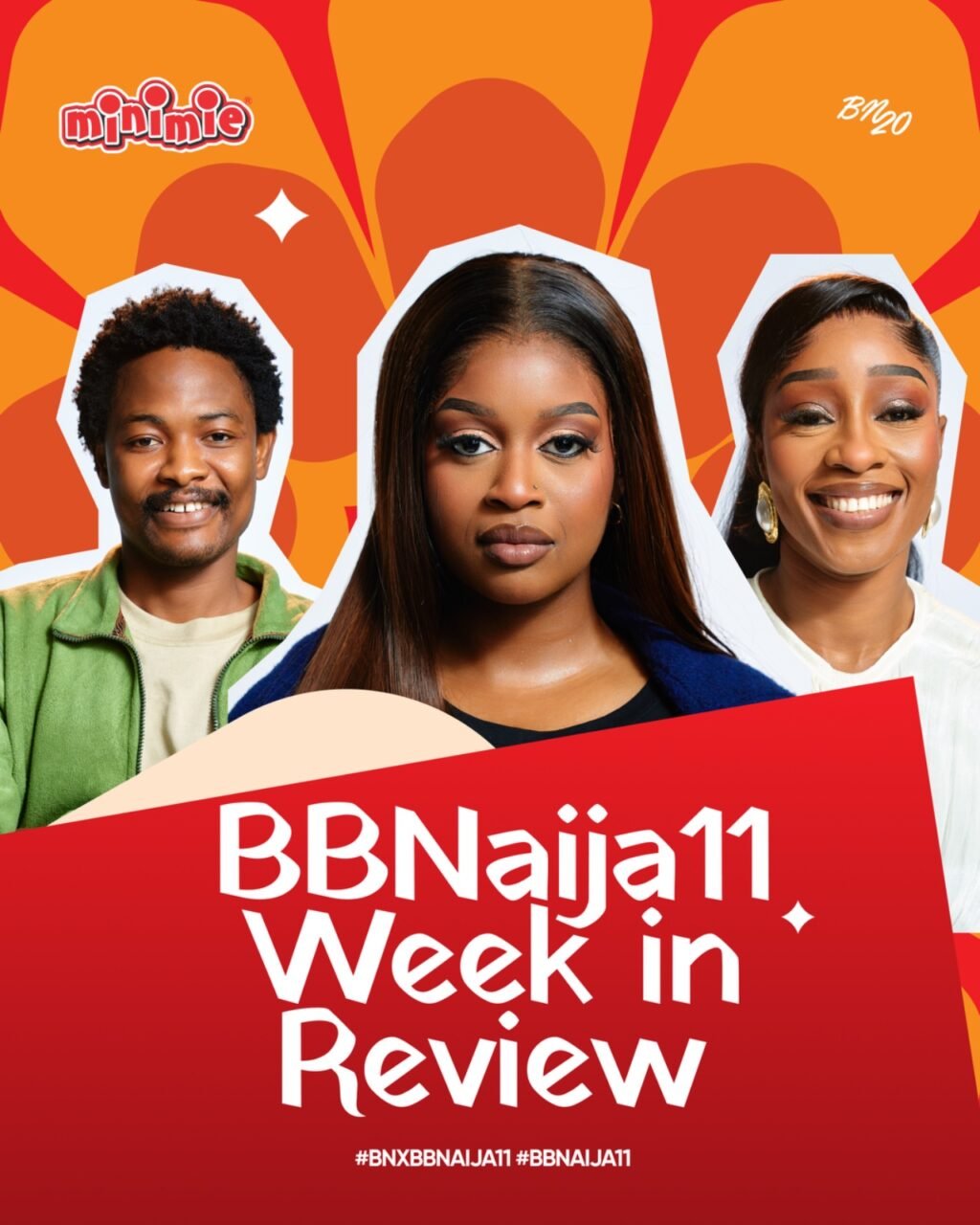 Minimie BBNaija Season 11 Week in Review graphic featuring Top 3 finalists Aikou, Temi Nkem, and Sheba.