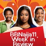 Minimie BBNaija Season 11 Week in Review graphic featuring Top 3 finalists Aikou, Temi Nkem, and Sheba.