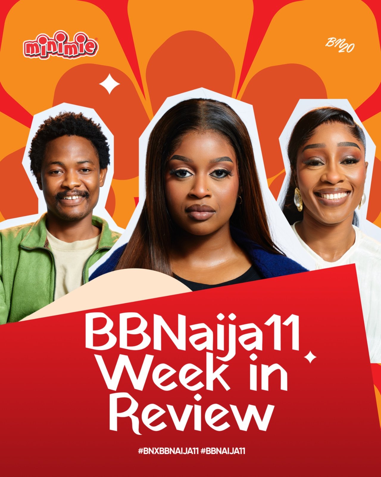Minimie BBNaija Season 11 Week in Review graphic featuring Top 3 finalists Aikou, Temi Nkem, and Sheba.